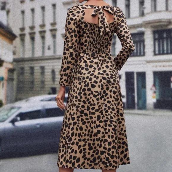 Tan And Black Womens Leopard Print Dress - Picture 2 of 4